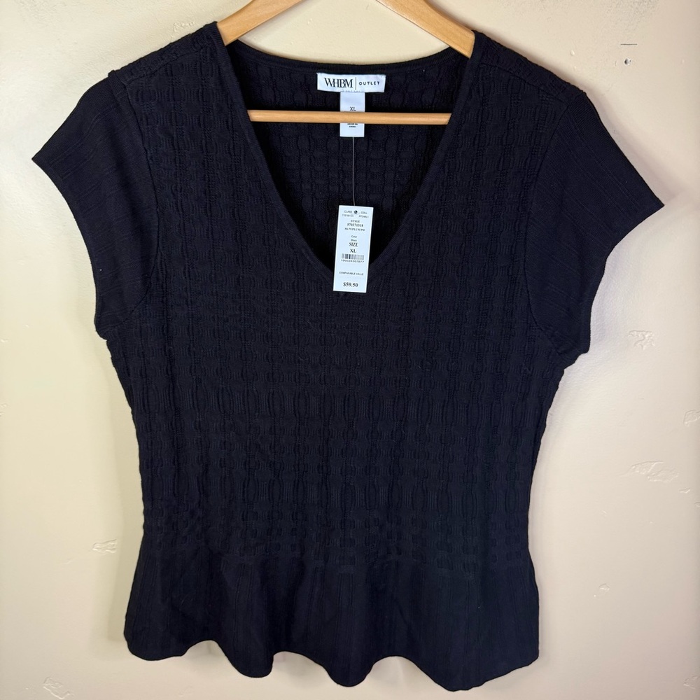 NWT White House Black Market XL Black Knit Short Sleeve VNeck Sweater Careerwear